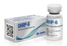HORMÔNIOS PEPTÍDEOS – O que são e para que servem? Frasco de GHRP-6 e embalagem, suplemento para crescimento hormonal.