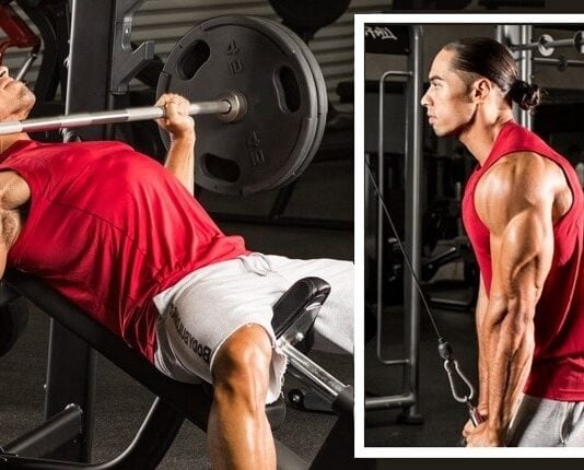 Treino para Peito e Tríceps (para avançados) Homem realizando supino reto e tríceps na academia.