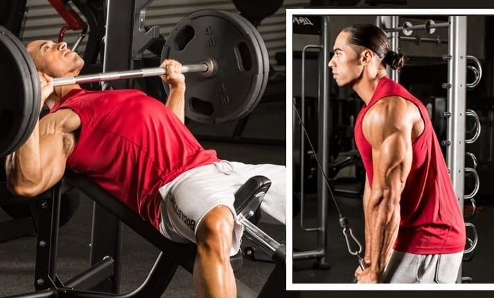 Supino inclinado com barra, treino de ginástica masculino, aeróbico e  exercícios.