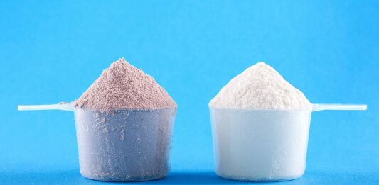 Os prós e contras entre o Whey Protein e a Proteína da Carne Duas porções de proteína em pó, uma de Whey e outra de carne, sobre fundo azul.