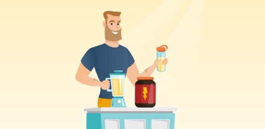 Whey, Creatina e BCAA (combinação perfeita para Ganho de Músculos) Homem preparando shake de suplementos como whey, creatina e BCAA.
