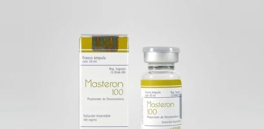 MASTERON – O que é, para que serve, Benefícios, Colaterais e Ingestão Frasco de Masteron 100 com embalagem e rótulo visíveis.