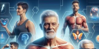 Conheça as vantagens da Creatina (O Suplemento Inigualável) Imagem de pessoas de diferentes idades com músculos e elementos de saúde e fitness.