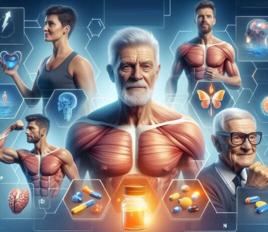 Conheça as vantagens da Creatina (O Suplemento Inigualável) Imagem de pessoas de diferentes idades com músculos e elementos de saúde e fitness.
