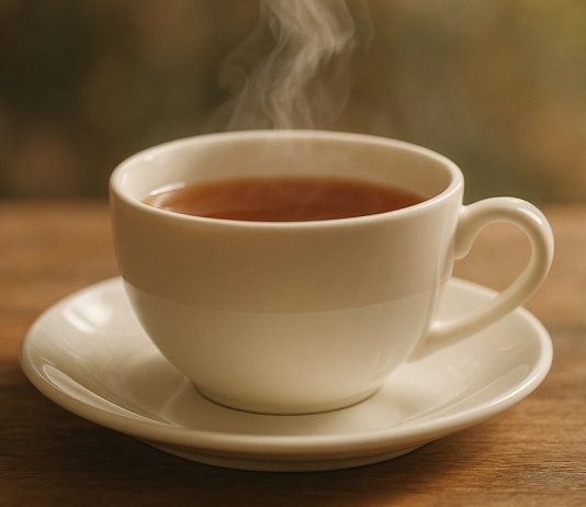 Melhores Chás para Dormir de fácil preparo que prometem ajudar você a Dormir Melhor Xícara de chá quente em uma mesa de madeira.