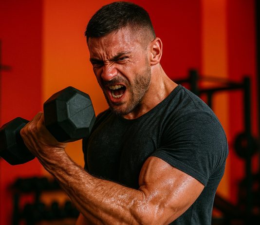 Alimentos pouco usados que Impulsionam o Ganho de Massa Muscular Homem levantando haltere com esforço intenso em academia.