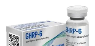 HORMÔNIOS PEPTÍDEOS – O que são e para que servem? Frasco de GHRP-6 e embalagem, suplemento para crescimento hormonal.