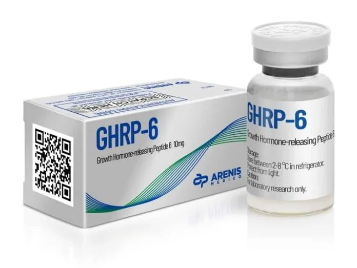 Frasco de GHRP-6 e embalagem, suplemento para crescimento hormonal.