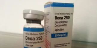 Frasco de Deca 250 Nandrolona com embalagem ao lado.
