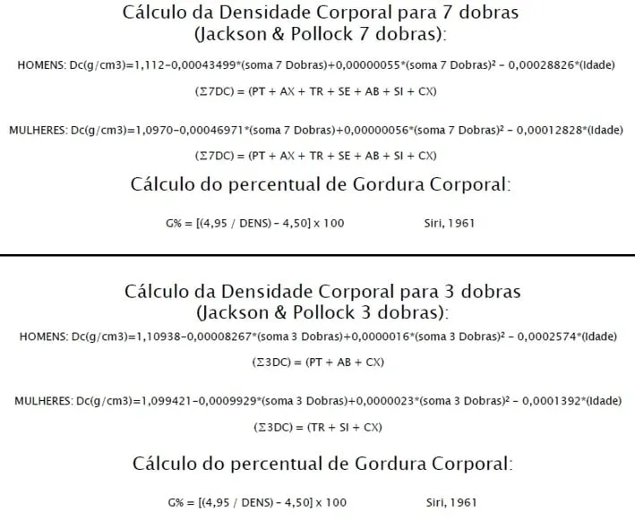 Cálculo densidade corporal 7 dobras e 3 dobras