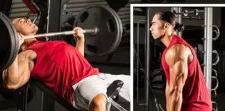 Treino para Peito e Tríceps (para avançados) Homem realizando supino reto e tríceps na academia.