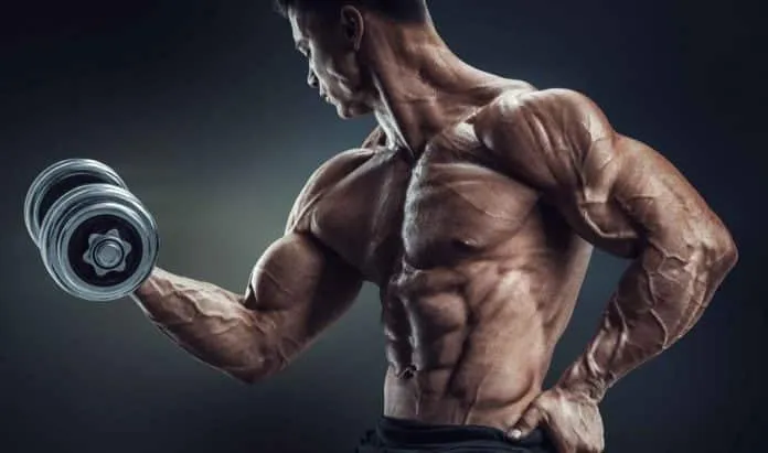 Homem treinando com haltere para hipertrofia Homem musculoso levantando haltere para ganho de massa muscular.