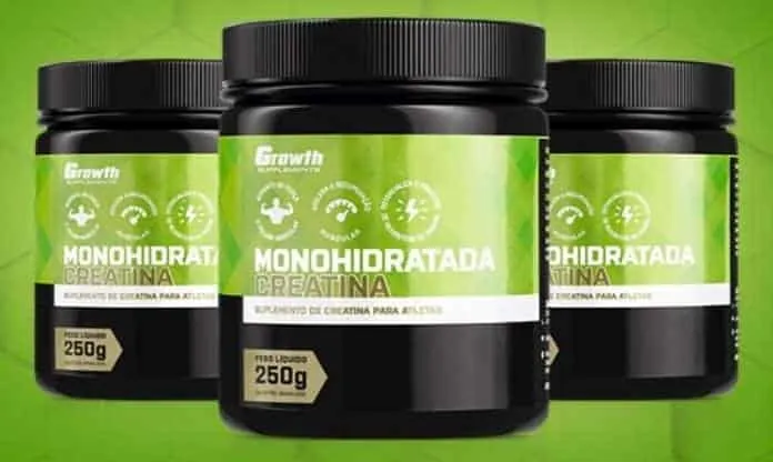 Creatina Monohidratada Growth Supplements Suplemento de creatina monohidratada para atletas, 250g, em frascos pretos com rótulo verde.
