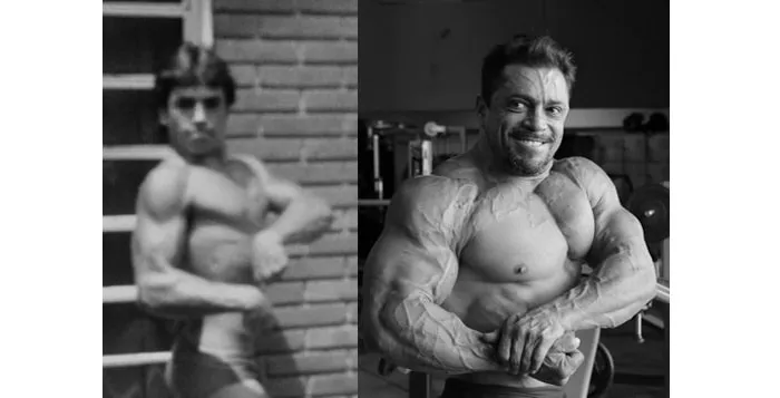 Fernando Sardinha exibindo músculos no treino de fisiculturismo.