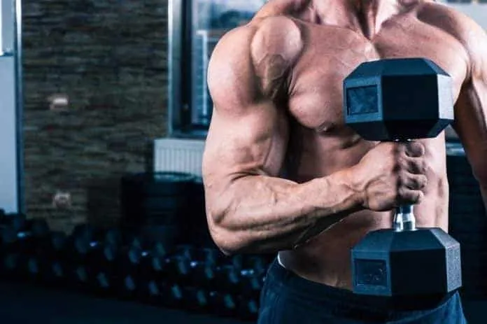 Homem treinando com haltere Homem musculoso levantando haltere em academia.