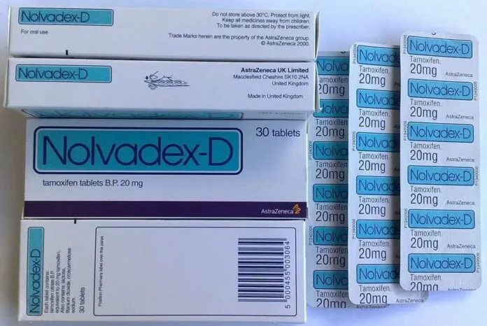 Caixa de Nolvadex-D com comprimidos de 20mg de Tamoxifeno.