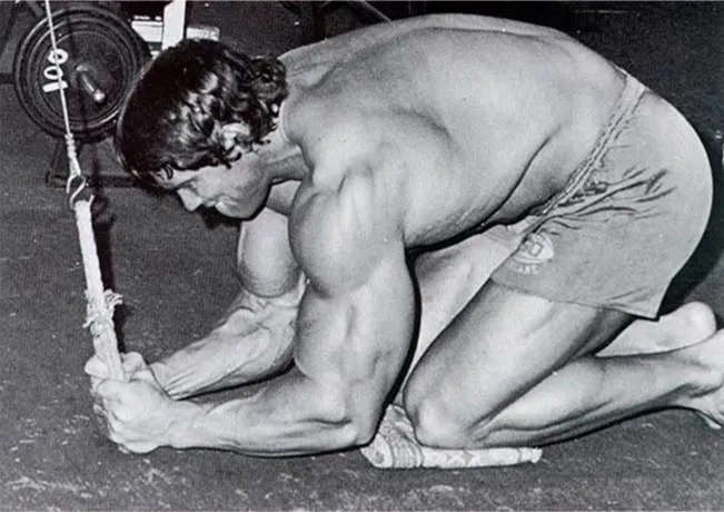 Arnold Schwarzenegger realizando exercício avançado de abdômen.
