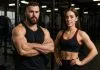 Homem e mulher musculosos na academia, focados em treino de força.