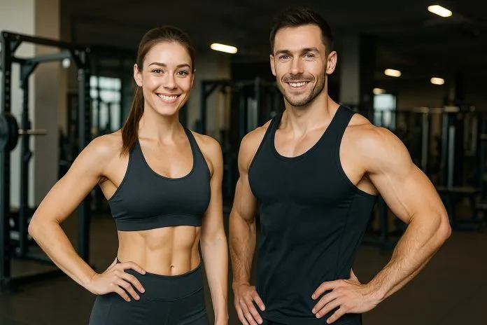 Homem e mulher treinando na academia com roupas esportivas.