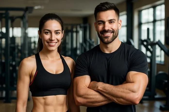 Homens e mulheres treinando na academia Homem e mulher sorrindo na academia, focados em treino de musculação.