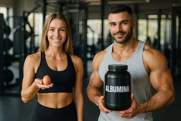 Suplementos de Albumina para Ganhar Massa Homem e mulher com suplementos de proteína em academia.