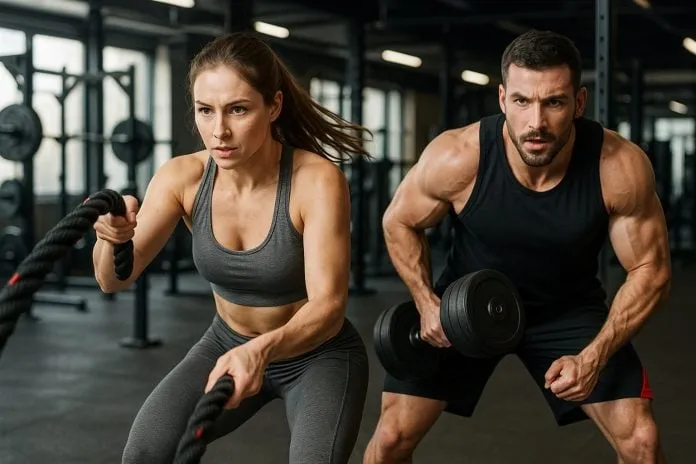 Treinamento de Alta Intensidade para Queima de Cal Homem e mulher treinando força e resistência na academia.