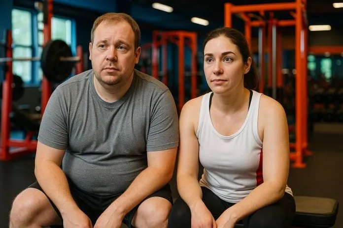 Homem e mulher descansando após treino na academia.